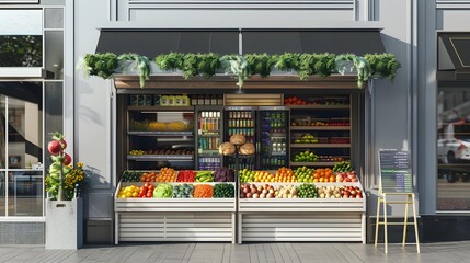 Wall Mural - Modern grocery storefront, vibrant product display, city street view.