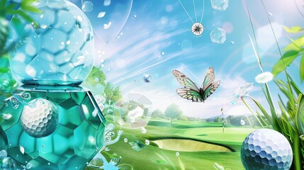 Wall Mural - Golf course with green fluids, ball textures, a golfing butterfly, golfer's compass, and sport-themed balloons.