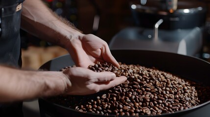 Man's hands holding freshly roasted aromatic coffee beans over a modern coffee roasting machine