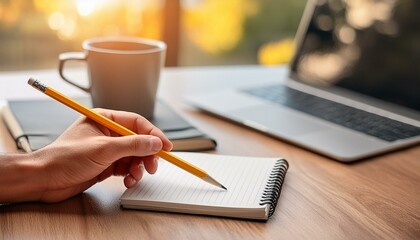 hand holding a pencil over a notebook with the laptop blurred background