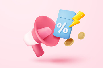 3D coupon icon with megaphone speaker for sales and shopping online, discount coupon of cash. flash lightning on time alert notice special offer promotion. 3d price tag icon vector render illustration