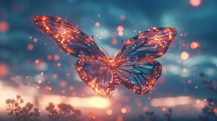 Wall Mural - a futuristic ai butterfly made of digital connections and nodes, hovering in the sky. its wings feat