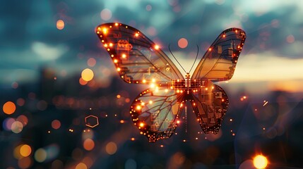 Wall Mural - a futuristic ai butterfly made of digital connections and nodes, hovering in the sky. its wings feat