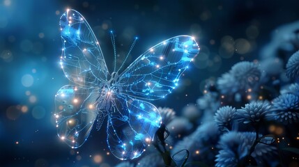 Wall Mural - a futuristic ai butterfly made of digital connections and nodes, hovering in the sky. its wings feat