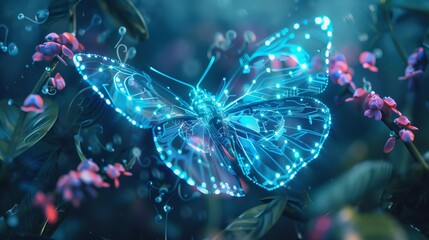 Wall Mural - a futuristic ai butterfly made of digital connections and nodes, hovering in the sky. its wings feat