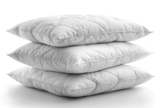 A stack of three white pillows isolated on a white background.