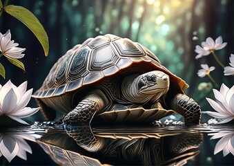 Wall Mural - A turtle with flowers 