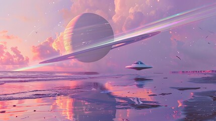 Canvas Print - A beach scene with a futuristic UFO partially submerged in the water, depicted in a retro-futuristic art style with pastel pink and purple hues. A giant ringed planet is visible in the sky