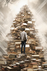 Wall Mural - Man standing on top of pile of books next to tv.