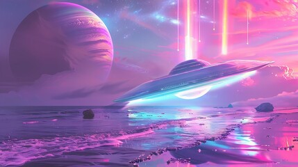 Canvas Print - A beach scene with a futuristic UFO partially submerged in the water, depicted in a retro-futuristic art style with pastel pink and purple hues. A giant ringed planet is visible in the sky
