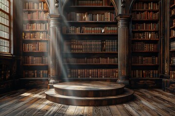 Wall Mural - An old library with dark wood shelves and a round wooden stage in the center