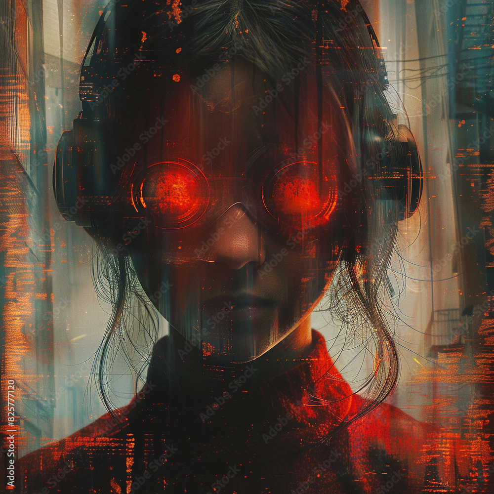 Futuristic woman with glowing red glasses and headphones in a digital ...