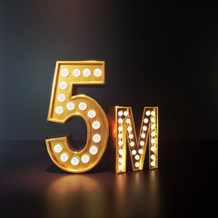5M or Five Million follower or subscriber banner. Luxury Gold with lighting effect for achievement, thank you and celebrate etc. social media post on black background
