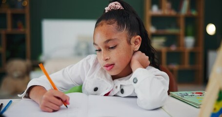 Fototapete - Education, remote learning or girl kid in house for writing homework, essay or assignment note. Studying, book or child student in bedroom with school project journal, assessment or exam practice