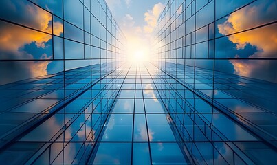 Wall Mural - Low angle view of futuristic architecture, Skyscraper of office building with curve glass window,