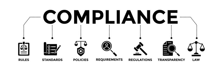 Wall Mural - Compliance banner icons set. Vector graphic glyph style with icon of rules, standards, policies, requirements, regulation, transparency, and law	