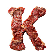 Raw steak in shape of letter K isolated on white background. Creative alphabet food concept for culinary, cooking, and nutrition themes.