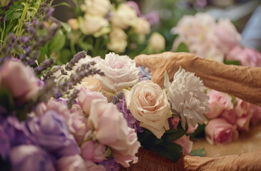 Wall Mural - A person is creating an elegant floral arrangement with pastel colored roses, peonies and lavender in the foreground
