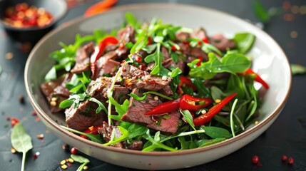 Canvas Print - Beef Salad with Fresh Basil Arugula and Pepper