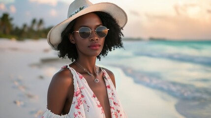 Wall Mural - A woman wearing sunglasses and a hat on the beach.