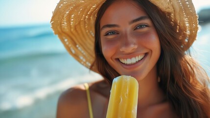 Poster - A woman smiling while holding an ice cream cone.