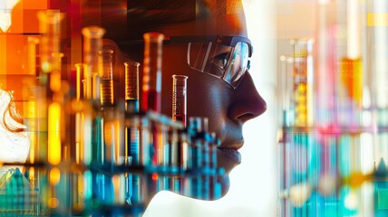 Double exposure of a scientist in a laboratory with colorful chemical solutions and test tubes, symbolizing innovation and research.