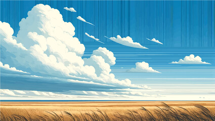 Paddy Field Wallpaper Manga Anime Digital Illustration Art Blue Sky White Cloud Scenery Background Design