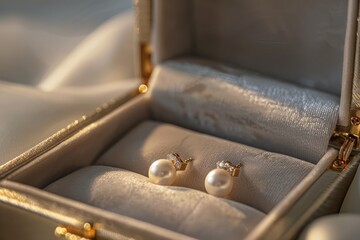 A close-up photo of a velvet jewelry box with a gold clasp, opened to reveal a pair of pearl earrings nestled inside. Soft light illuminates the luxurious details.