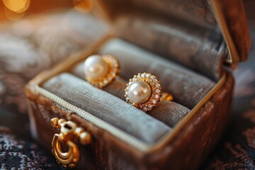 A close-up photo of a velvet jewelry box with a gold clasp, opened to reveal a pair of pearl earrings nestled inside. Soft light illuminates the luxurious details.