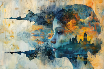  Surreal Double Exposure Portrait with Dreamlike Cityscape and Vivid Colorful Clouds