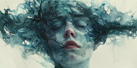  Surreal Artistic Portrait of a Woman with Abstract Ink Swirls in Blue Tones
