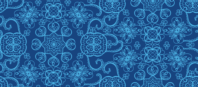 Dark blue ornamental geometric floral lace embroidery decorative seamless pattern graphic vector artwork