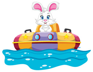 Canvas Print - Cartoon rabbit driving a colorful bumper boat