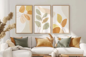 Wall Mural - Chic sofa with colorful cushions and abstract art