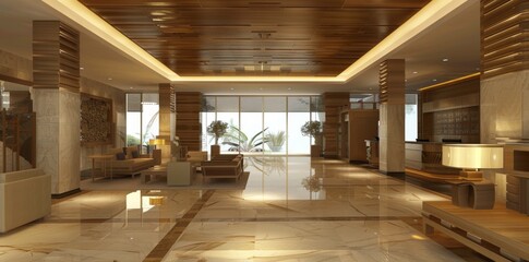 Sticker - A large lobby with a lot of space and a lot of furniture