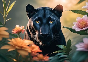 Wall Mural - A panther with flowers 