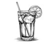 © Maksim - Glass with alcohol or juice decorated with piece of lemon and straw. Lemonade or soda sketch. Monochrome vector drawing