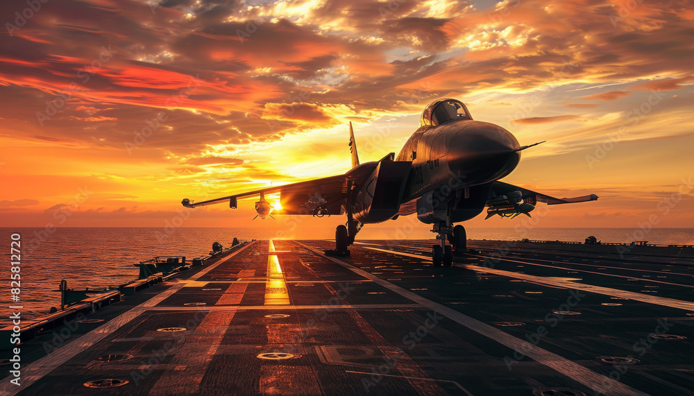 Jet fighter on an aircraft carrier at sunset Stock Photo | Adobe Stock