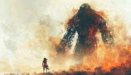 David's Courageous Confrontation with Goliath in the Biblical. Epic digital illustration of a lone warrior facing a massive fiery monster, capturing an intense and dramatic fantasy battle scene.