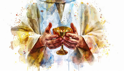 Watercolor painting of a priest holding a golden chalice, symbolizing religious faith and traditional ceremony.