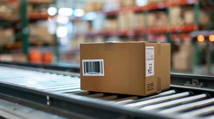 Single cardboard box with a shipping label and barcode, with a blurred background of a conveyor belt, illustrating the shipping process in a distribution center.