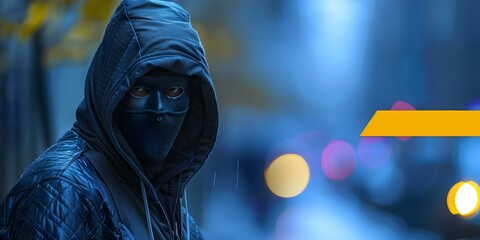 Suspicious behavior of hooded figure in mask near office raises security concerns. Concept Security Concerns, Suspicious Behavior, Office Safety, Hooded Figure, Masked Individual