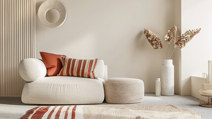 Minimalist home interiors with a modern design and chic decor. Home decoration image with copyspace.