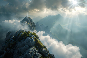 Wall Mural - Crucifix at the top of a Mountain with Sunlight Breaking through the Clouds. Inspirational Christian Image.