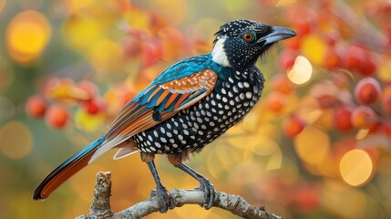 Wall Mural -  A vibrant bird sits atop a branch before a tree, its foliage a blend of red and yellow leaves The foreground showcases a cluster of reddish-yellow ber