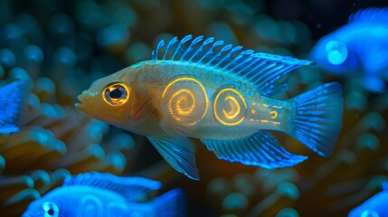 Wall Mural -  A tight shot of a fish illuminated by a nearby light, residing amidst a blue sea anemone Other fish populate the water background
