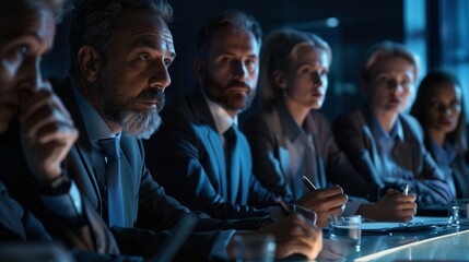 A cinematic shot capturing the intense focus of a group of business executives during a strategy meeting, with dramatic lighting emphasizing their determination