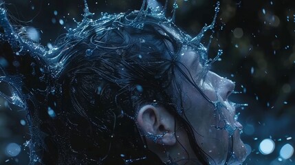 Poster -  A tight shot of someone's face, drenched by heavy rainfall as a crown sits atop their head