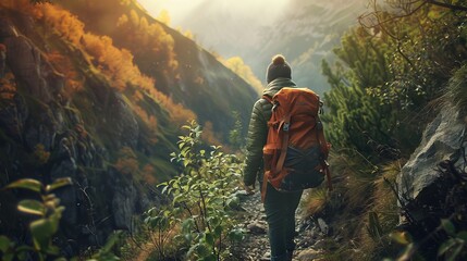 Wall Mural - A hiker conquering challenging paths