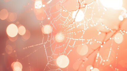  A tight shot of a spider web on a tree branch, adorned with water droplets Background softly blurred by top-down bokeh light